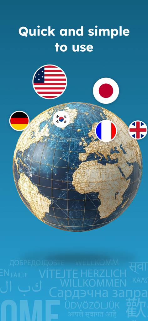 A globe surrounded by international flags highlighting the global translation features of the Translate Lion app