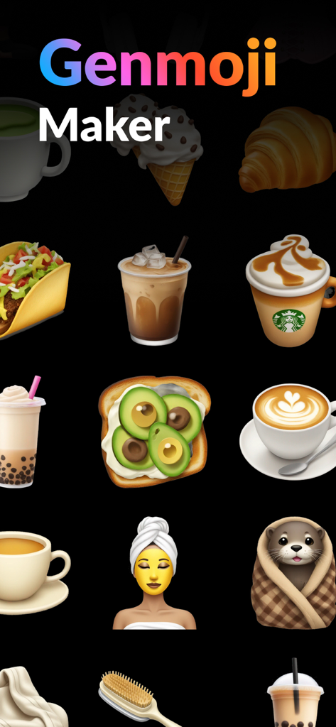 Una variedad de emojis personalizados generados por IA, incluyendo café, comida y personajes, sobre un fondo negro.