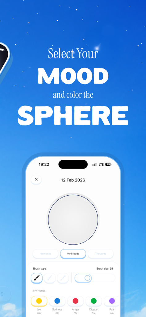 Emotion Tracker : Riley - 기쁨이나 슬픔과 같은 선택된 감정에 따라 구체를 색칠하는 방법을 보여주는 Riley 앱 인터페이스