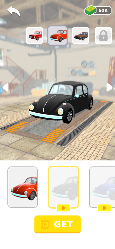 Car selection screen in the Clutch Hero garage showing a black vintage beetle on a lift