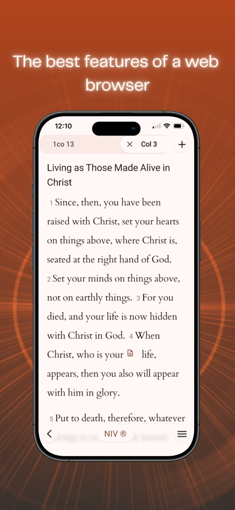 BibleOne - BibleOne app interface showing browser-style navigation tabs for studying multiple scripture passages simultaneously.