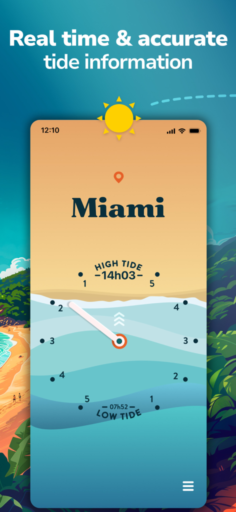 Tide Flow : Tides Times, Waves - Interfaccia dell'app Tide Flow che mostra un orologio maree visivo con orari di alta e bassa marea per Miami