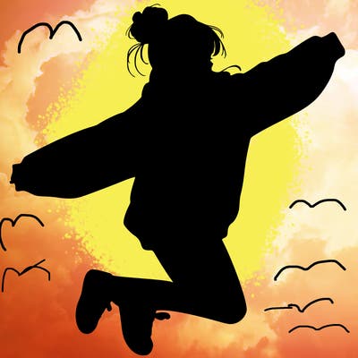 realistic girl jumping with a bun and oversized sweatshirt