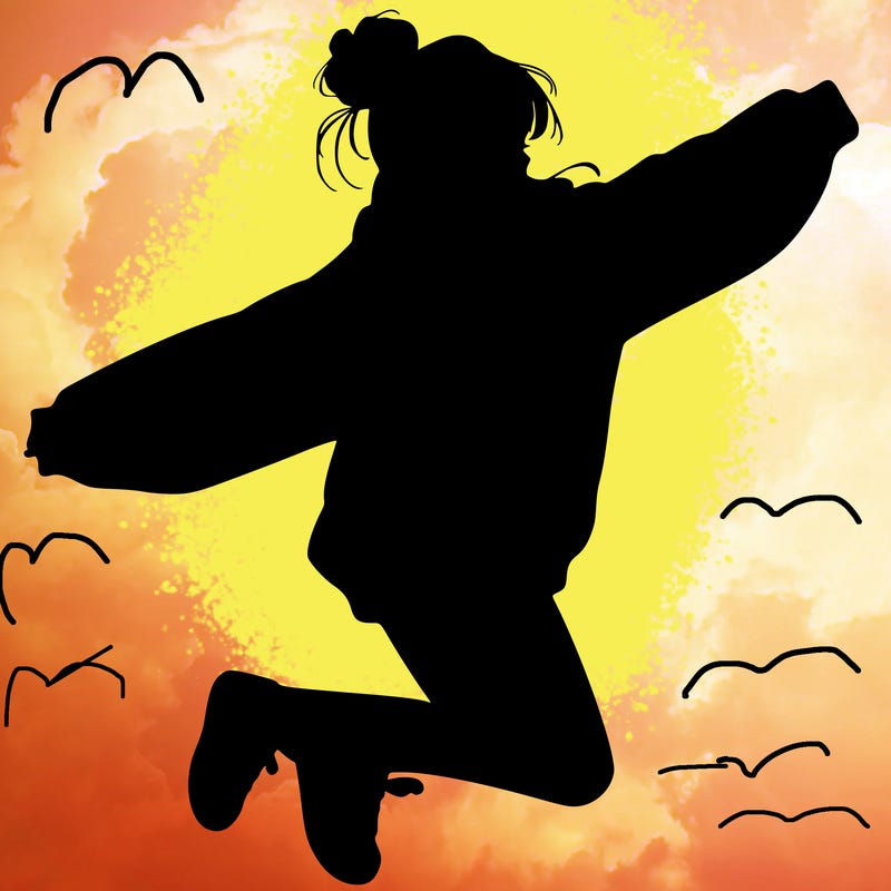 realistic girl jumping with a bun and oversized sweatshirt