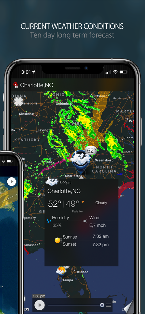 Radar HD app displaying a weather map of Charlotte North Carolina with current temperature and conditions