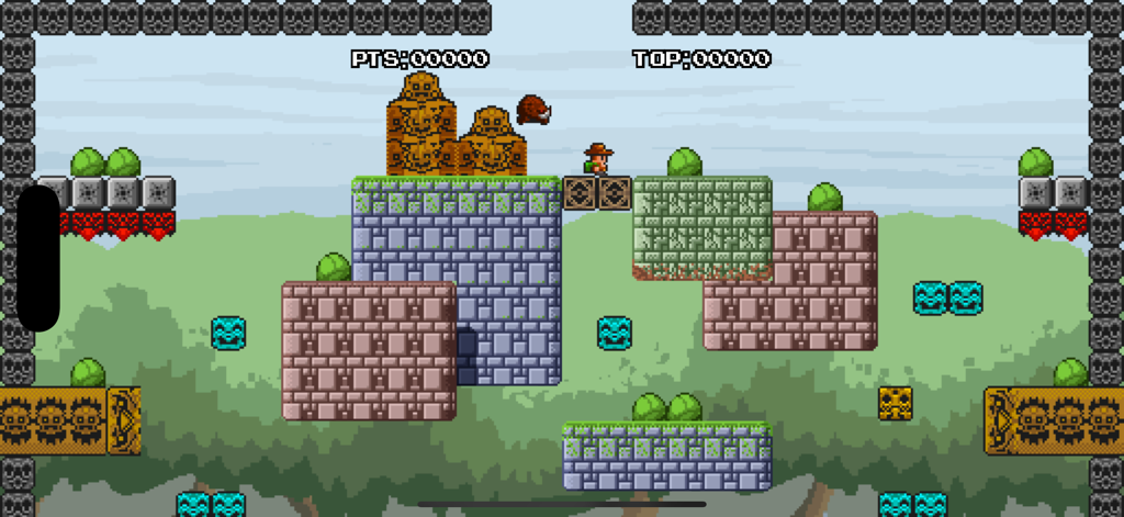 Aztec Antics - Un nivel de plataformas en pantalla única de Aztec Antics con personajes pixelados y plataformas de piedra en estilo retro