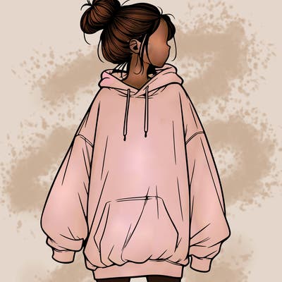 realistic girl with a oversized sweatshirt on and a bun