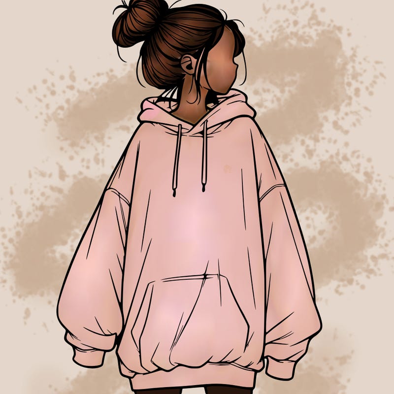 realistic girl with a oversized sweatshirt on and a bun