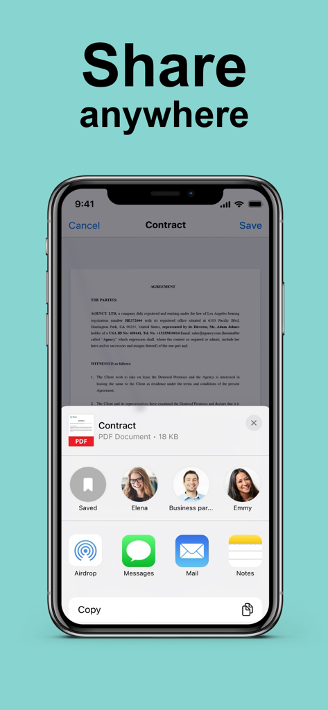 iPhone screen showing the share menu for a scanned PDF contract within the True Scanner app
