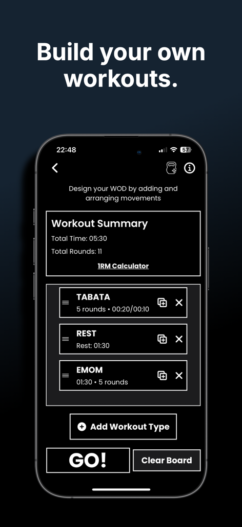 TimerFlex: HIIT & AI WOD Timer - Interfaccia dell'app mobile che mostra un costruttore di allenamenti personalizzati con intervalli Tabata ed EMOM.