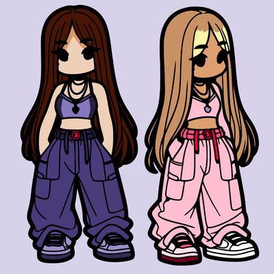 girl in baggy pants crop top and long hair