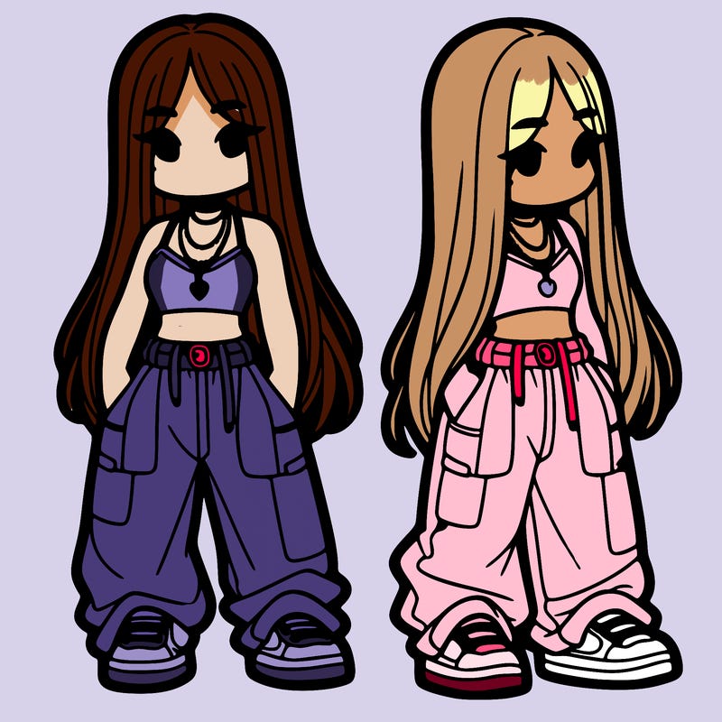 girl in baggy pants crop top and long hair