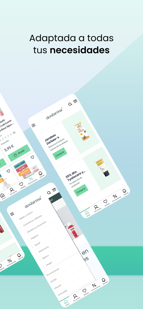 Interfaz de la app móvil DosFarma mostrando categorías de salud, belleza y cuidado del bebé en español.