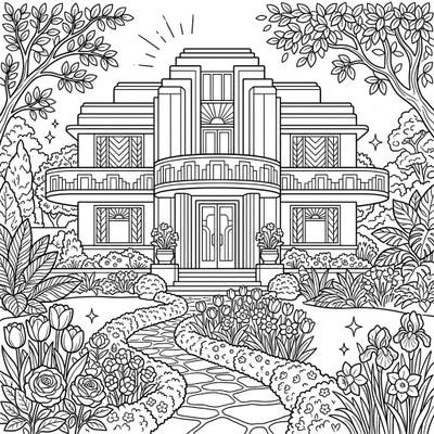 Step into a world of elegance with this captivating Art Deco mansion coloring page, set amidst a vibrant spring garden. Delight in coloring intricate architectural details alongside a lavish array of blooming flowers and lush greenery.