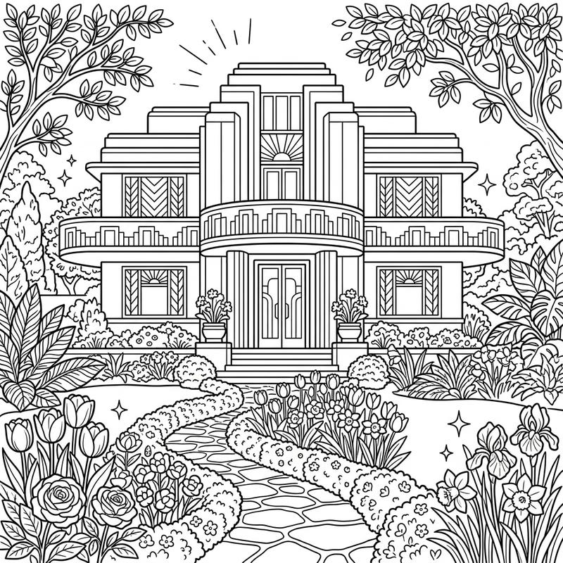 Step into a world of elegance with this captivating Art Deco mansion coloring page, set amidst a vibrant spring garden. Delight in coloring intricate architectural details alongside a lavish array of blooming flowers and lush greenery.