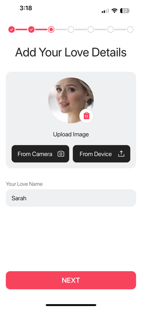 Setup screen for adding partner details with photo upload and name field in the My Love app.