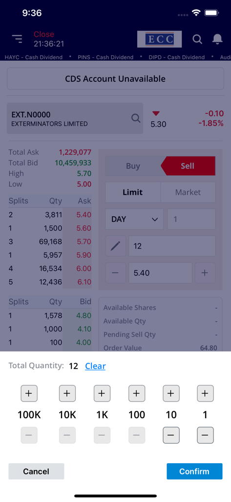 Pantalla móvil de la aplicación ATrad Stock Trading que muestra una interfaz de pedido de venta para Exterminators Limited con datos de precios en tiempo real.