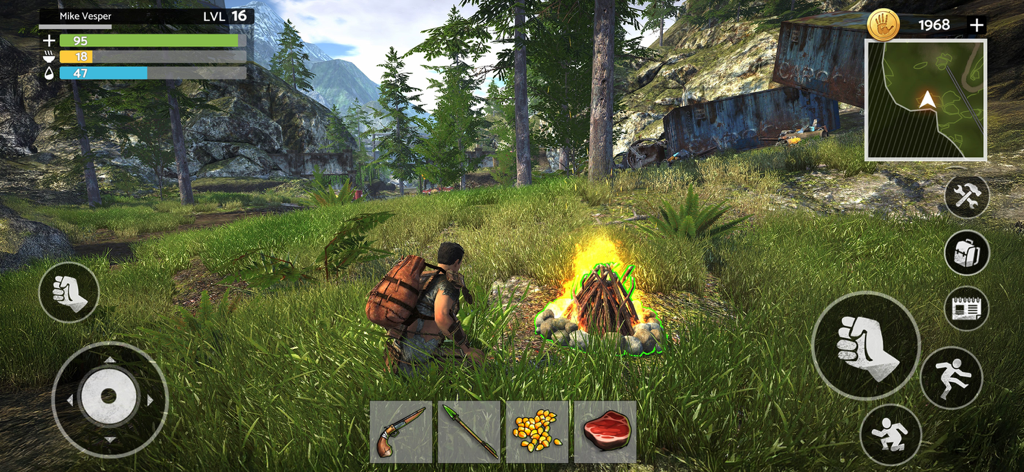 Tomorrow: MMO Nuclear Quest - A player character with a backpack kneeling next to a campfire in a post-apocalyptic forest