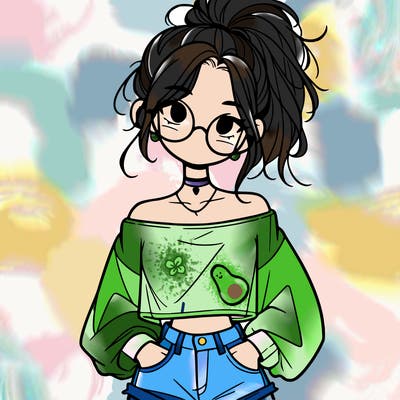 girl with a messy ponytail glasses a baggy crop top and jean shorts