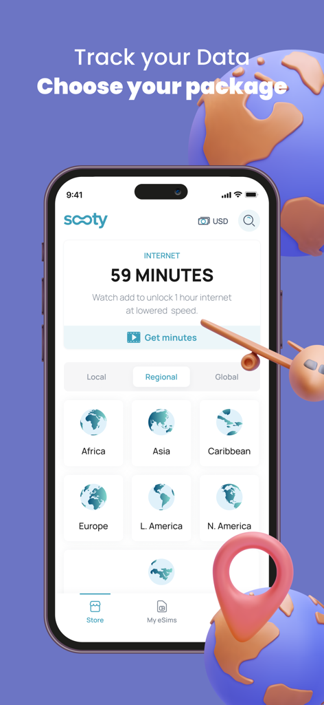 Tela da App Store do Sooty mostrando planos de dados de viagem regionais e uma opção para ganhar minutos de internet grátis assistindo a anúncios