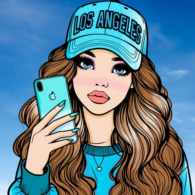 realistic beautiful girl wearing los ángeles cap holding an iphone