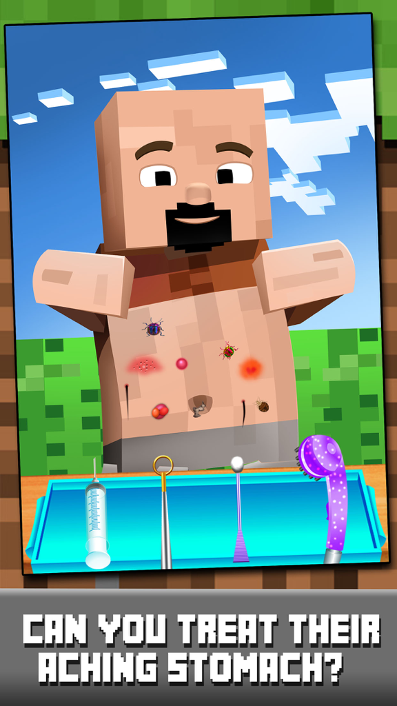 Block Doctor's Hospital Craft Salon - Pocket Mine Edition - Un personnage de style bloc reçoit des soins médicaux dans un jeu de simulation de médecin