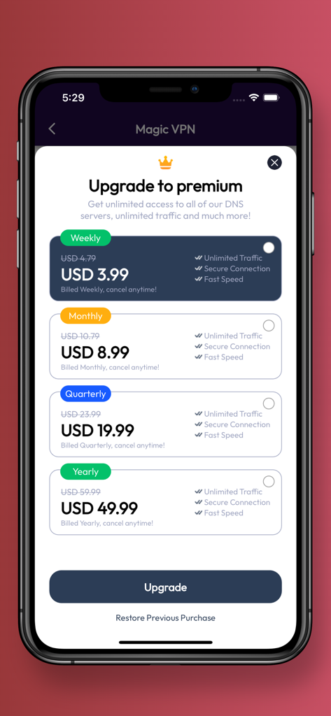 Magic VPN: Fast DNS Changer - Pantalla de mejora a premium de la app Magic VPN mostrando opciones de suscripción semanal, mensual, trimestral y anual