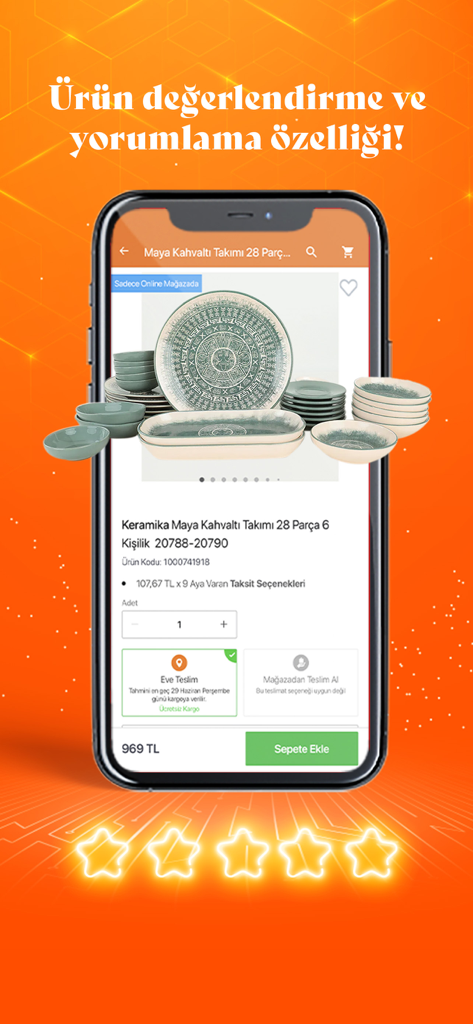 Koçtaş - A smartphone showing a 28-piece breakfast set product page on the Koctas app with five glowing stars at the bottom indicating user reviews.
