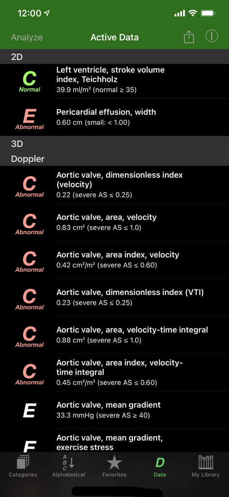 EchoLabアプリインターフェイス、大動脈弁と心室の正常および異常な測定値インジケーターを含む臨床心臓データ分析を表示