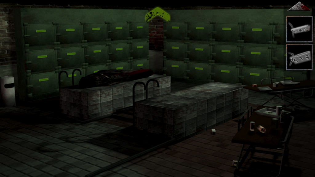Escape : The Mental Hospital of Hannibal - E01 The Silence of the Lambs -  Can you escape ? - 精神病院脱出ゲーム内の暗い遺体安置室。金属ロッカーと遺体袋がある。
