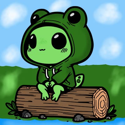 frog girl with frog hoodie siting on a log