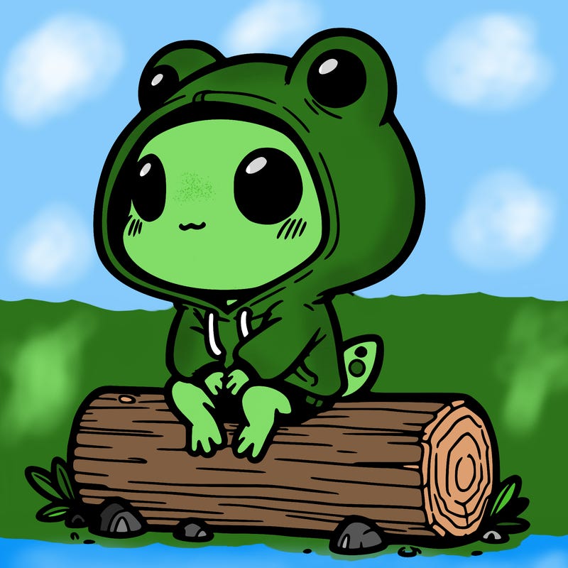 frog girl with frog hoodie siting on a log