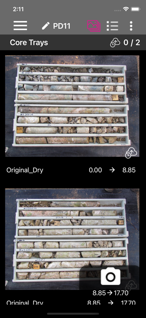 Imago Capture - Écran de l'application Imago Capture affichant des photos de boîtes de carottes géologiques avec des métadonnées de profondeur