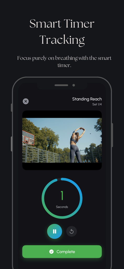 Longer - Height & Posture - Smartphone screen displaying the Longer app smart timer and a video guide for a standing reach stretch exercise.