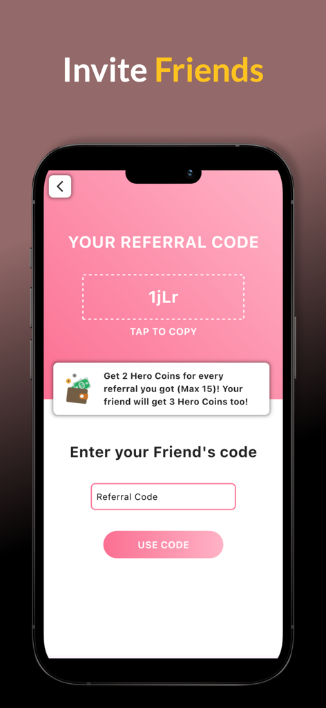 DailyGift - Play and Earn - Mobile screen of DailyGift app showing a referral code to invite friends and earn rewards