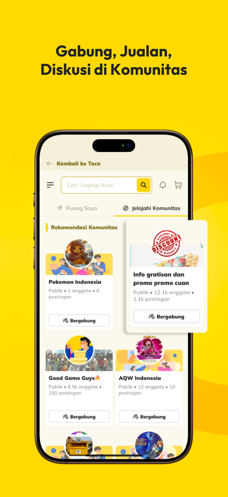 Toco - Sell and Buy - Toco mobile app interface showing various community groups and recommendations for buying and selling