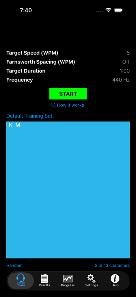 Morse Elmerアプリのトレーニングインターフェイス。モールス信号の速度設定と開始ボタンが表示されています。