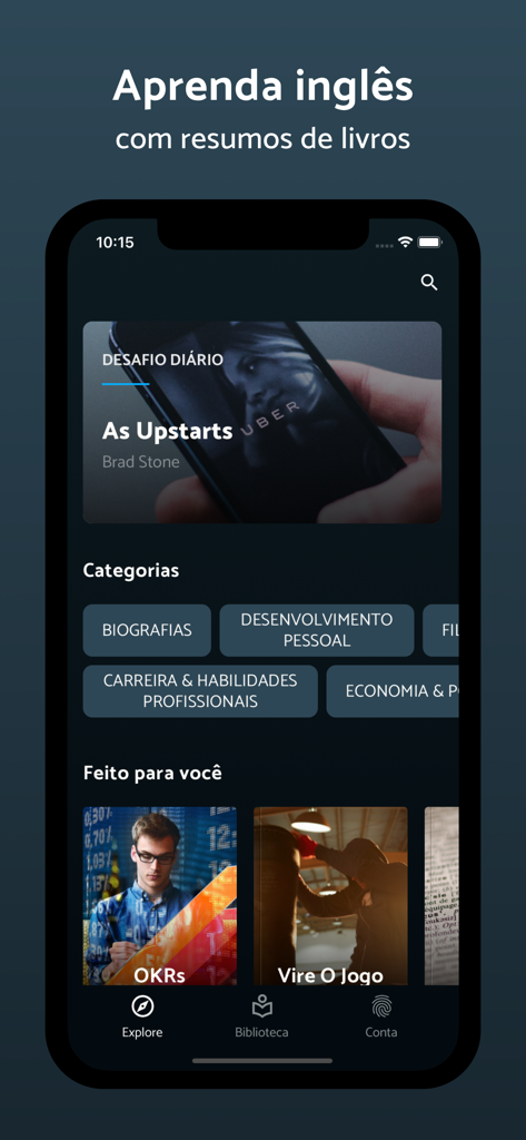 Idiomus - Textos em Inglês - Home screen of Idiomus app featuring book summaries for learning English across various professional categories.