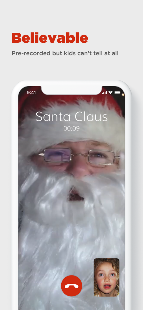 Video Call Santa - A realistic video call interface from Santa Claus showing a surprised young girl in the corner feed