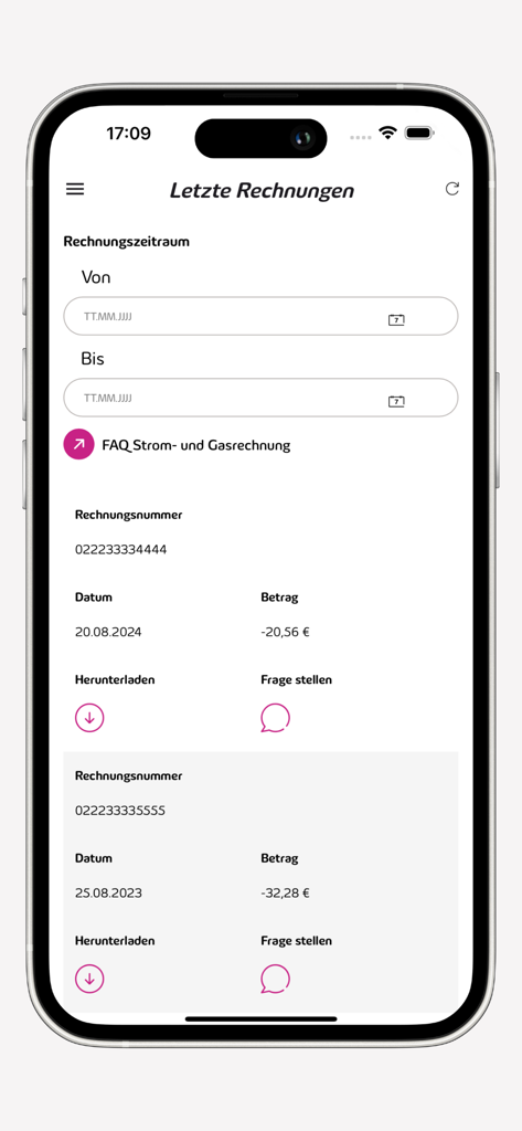 Meine Süwag - Mobile app screen showing recent energy invoices with options to filter and download documents.