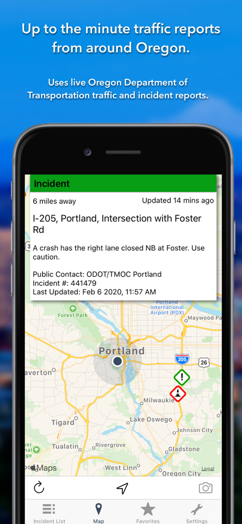 Map view of the Oregon Roads Traffic app showing a live traffic incident report in Portland.