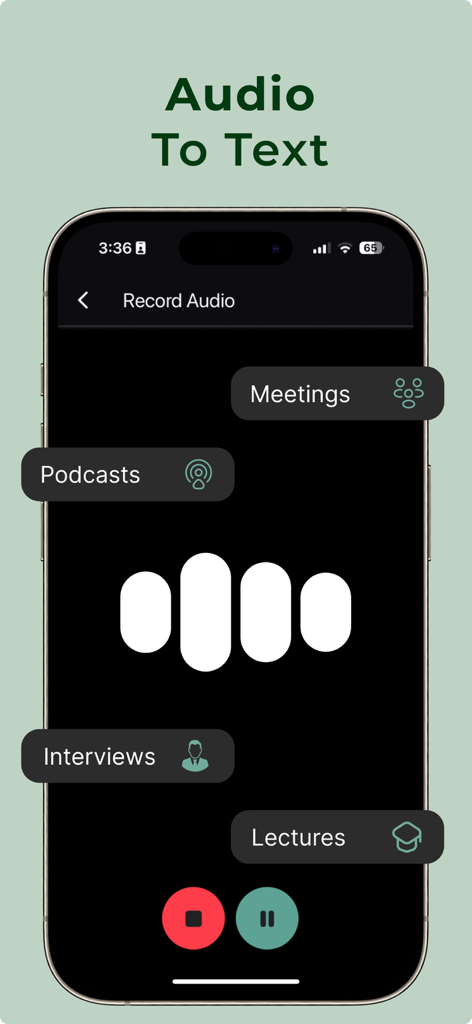 Whisper: AI Chat bot Assistant - Interface of the Whisper AI app showing the audio to text recording feature for meetings podcasts and lectures