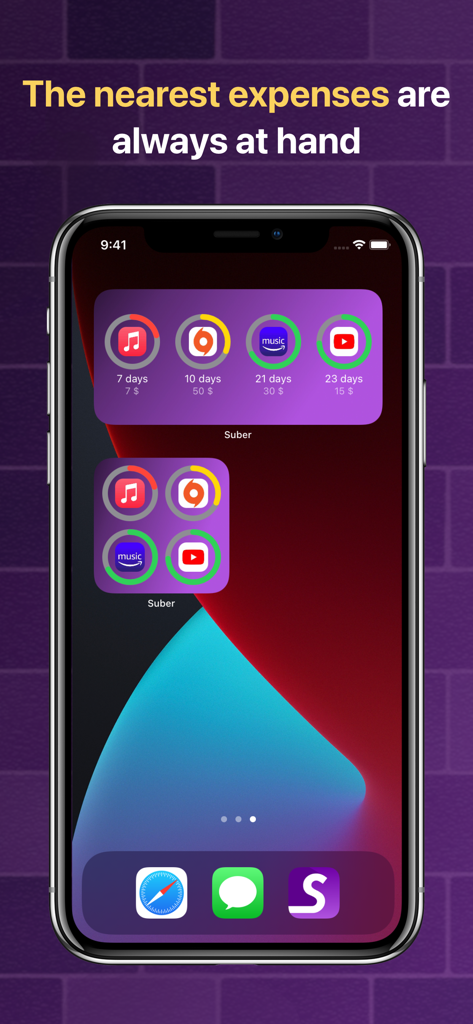 iPhone home screen showing Suber widgets with upcoming subscription costs and due dates