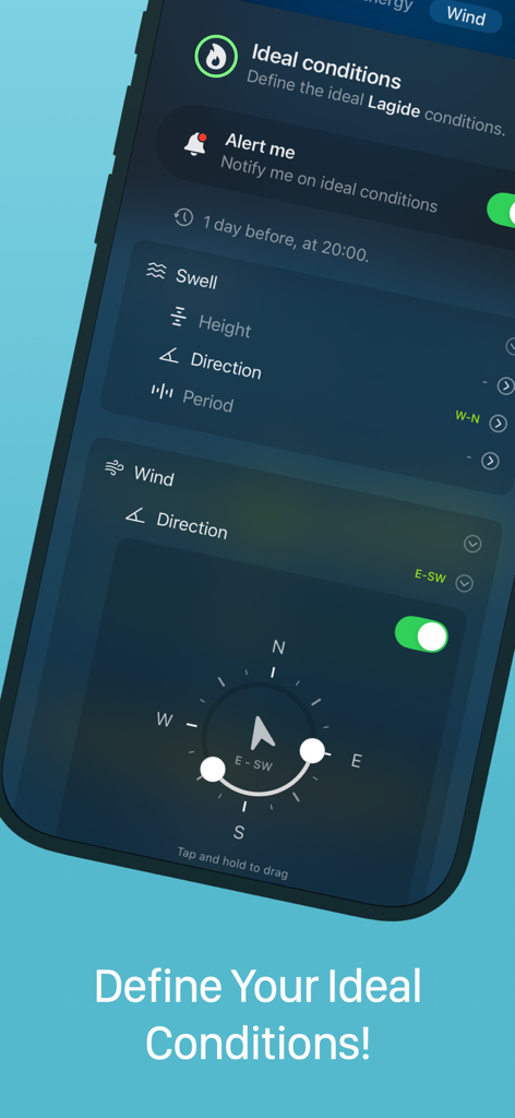 Schermata di uno smartphone che mostra la funzione dell'app EPIC Surf per definire condizioni ideali di onde e vento per avvisi personalizzati