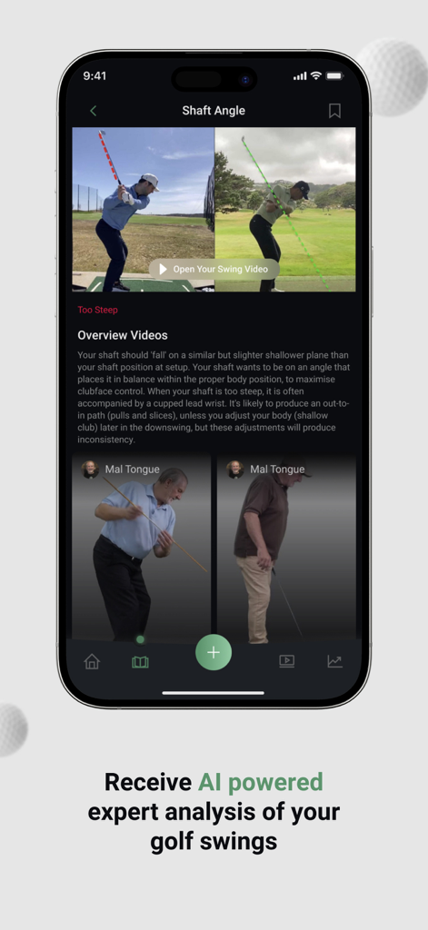 SWEE Golf: AI Swing Analyzer - Mobile App-Oberfläche mit KI-gestützter Golfschwung-Schaftwinkelanalyse und Experten-Coaching-Videos