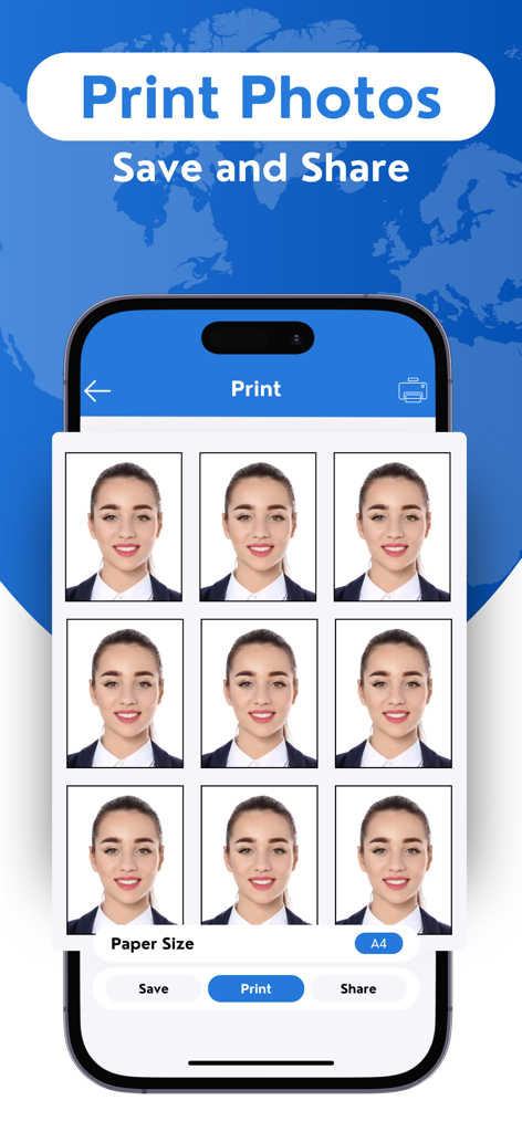 A mobile app screen showing a grid of nine passport photos ready for printing on A4 paper with options to save and share.