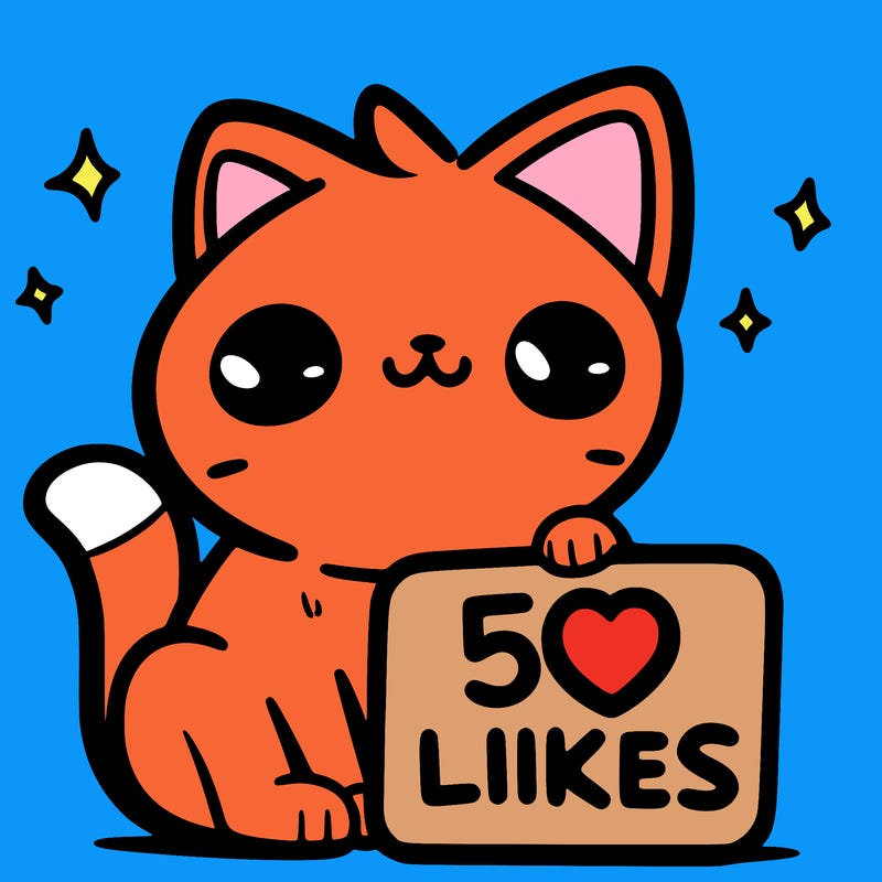 cat that has a sign that says 50likes