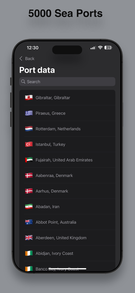 CVoyager - CVoyager mobile app screen displaying a comprehensive list of international sea ports.
