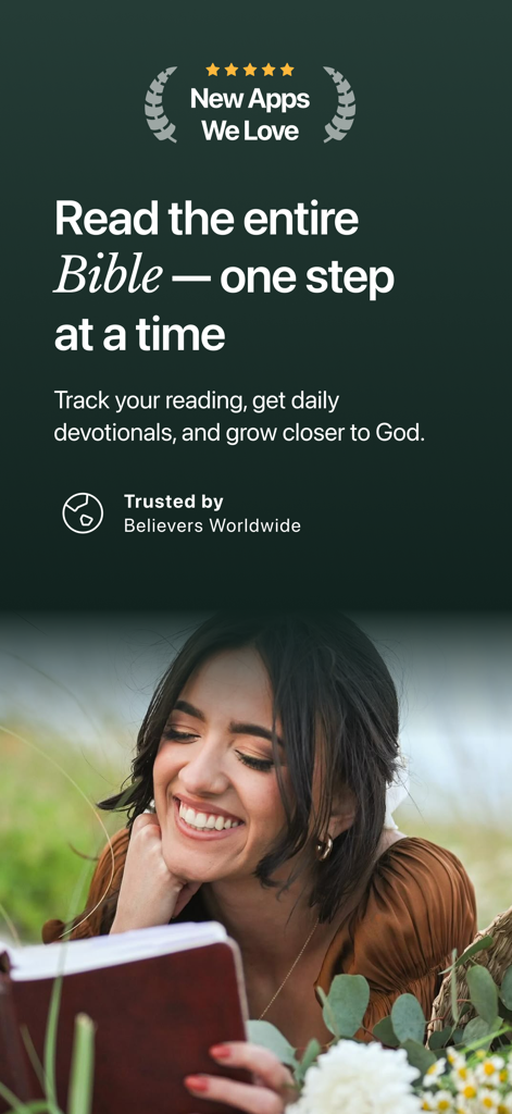 A woman smiling while reading the Bible with promotional text for the DivineTalk app
