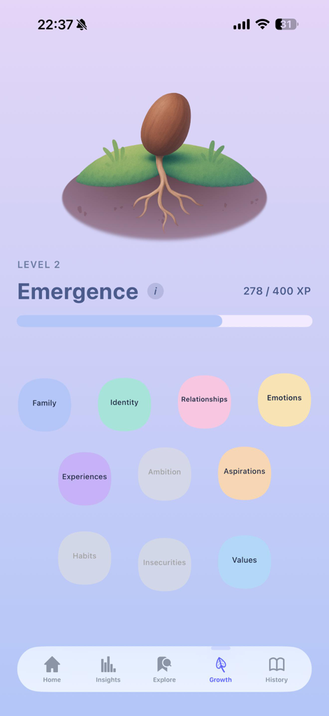Willow-AI - Willow AI app growth screen showing level 2 emergence progress and mental wellness categories like emotions and values